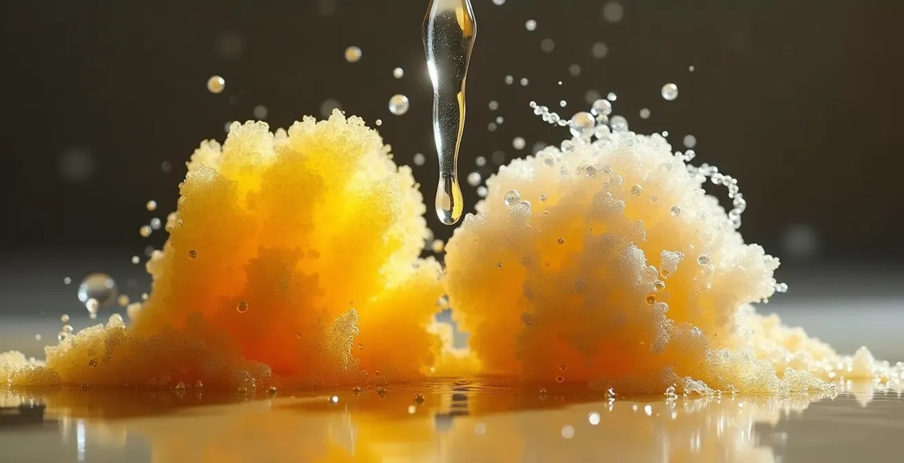 Métaphore visuelle de l'éponge sèche avec gouttelettes d'eau et texture huileuse