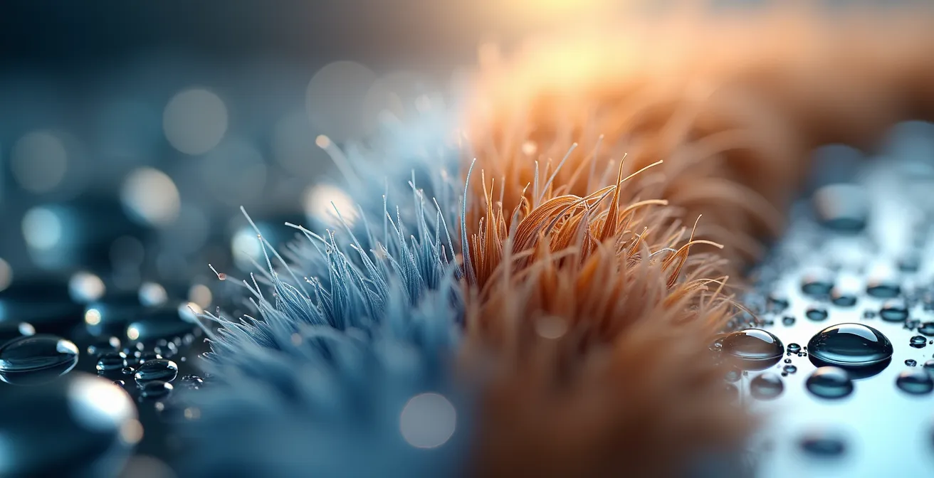 Comparaison visuelle entre texture sèche et hydratée des cheveux