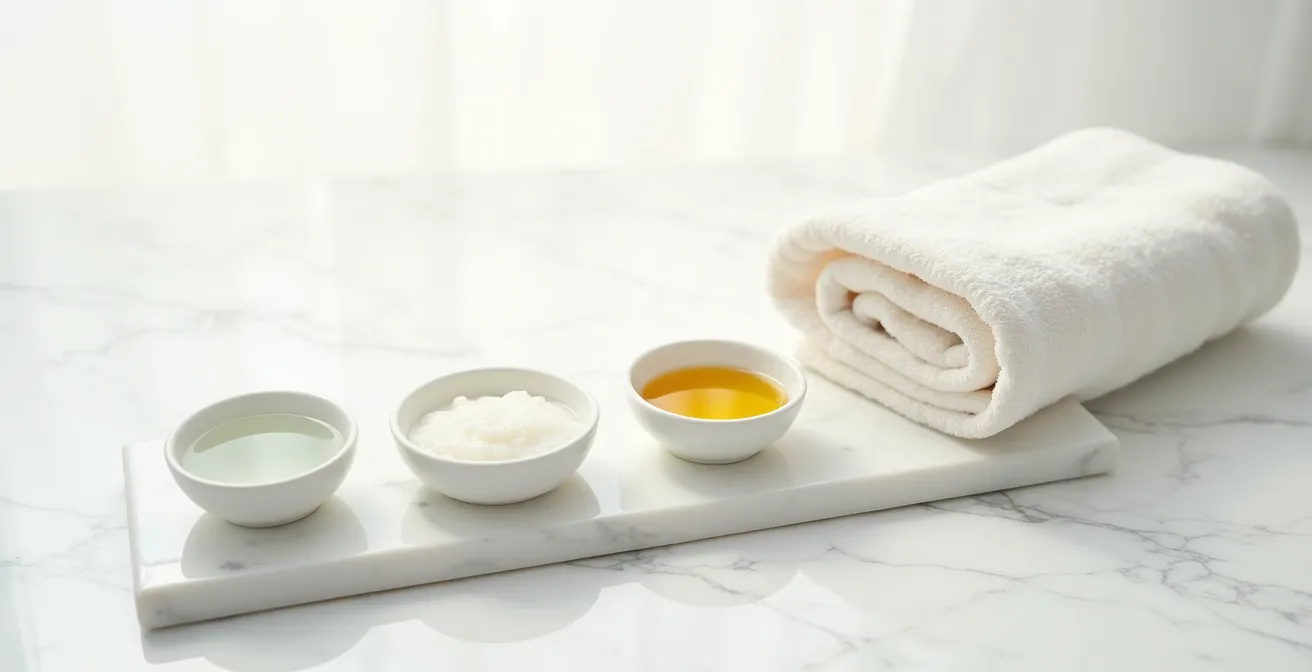 Disposition minimaliste de produits capillaires avec serviette chaude, illustrant l'ordre d'application