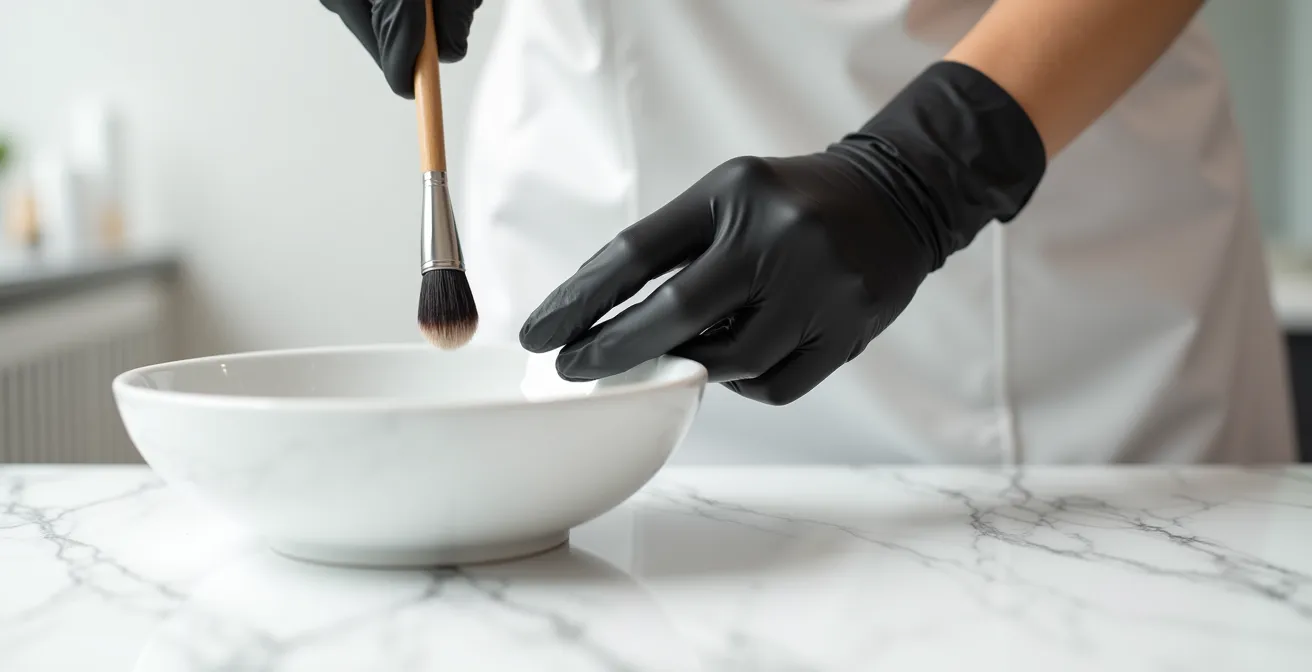 Mains portant des gants professionnels appliquant un soin capillaire