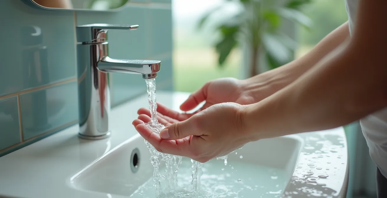 Mains sous un jet d'eau tiède rinçant des cheveux en urgence dans un lavabo
