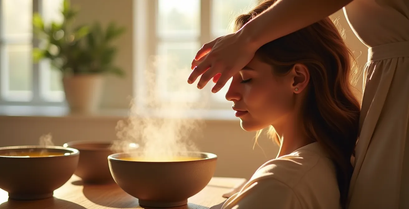 Application d'huile chaude sur cheveux avec vapeur et serviette