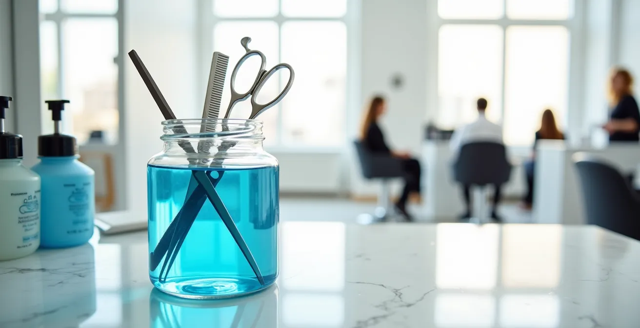 Bocal de désinfection Barbicide bleu avec outils de coiffure immergés dans un salon propre et lumineux