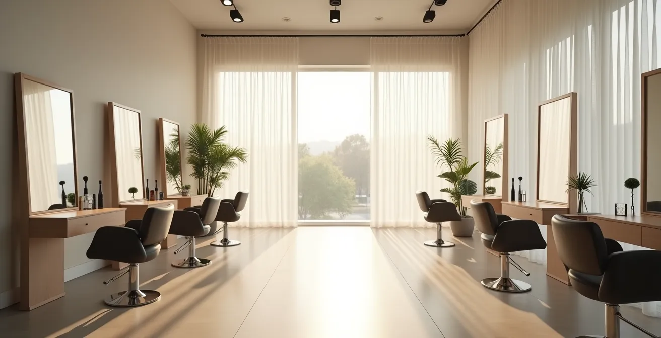 Salon de coiffure moderne avec grandes fenêtres ouvertes créant une ventilation naturelle
