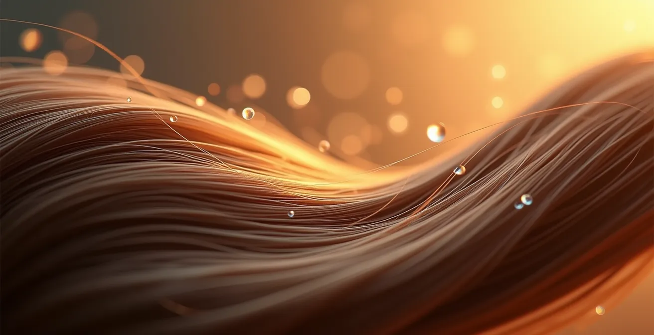 Gros plan macro sur une mèche de cheveux avec effet de brillance montrant la structure capillaire