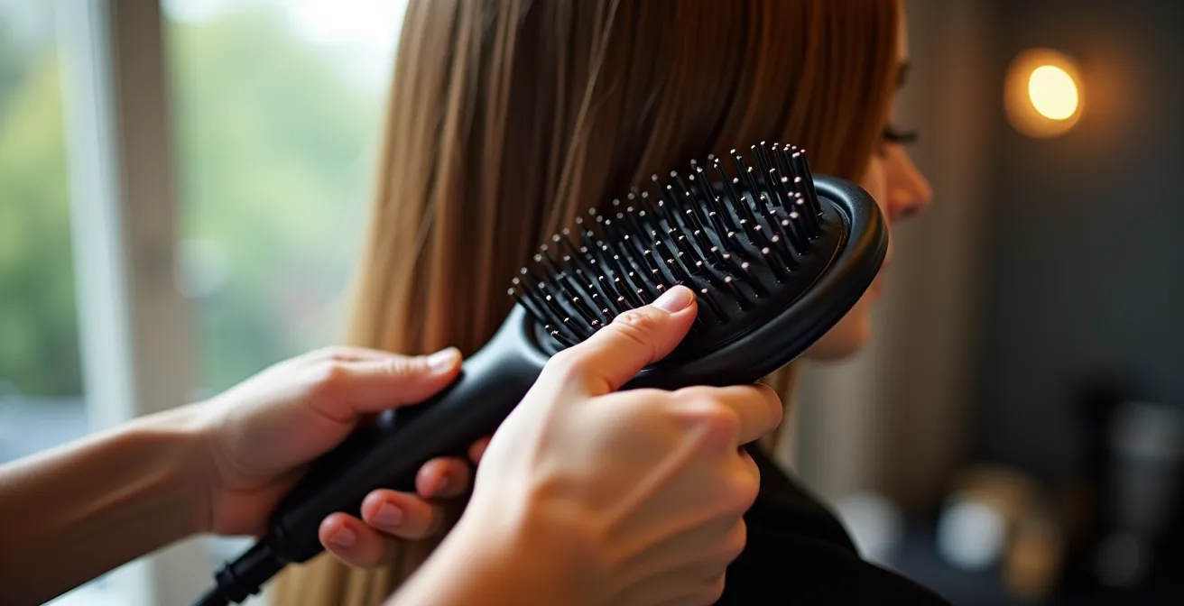 Technique de brushing professionnel avec brosse ronde pour effet lisse parfait