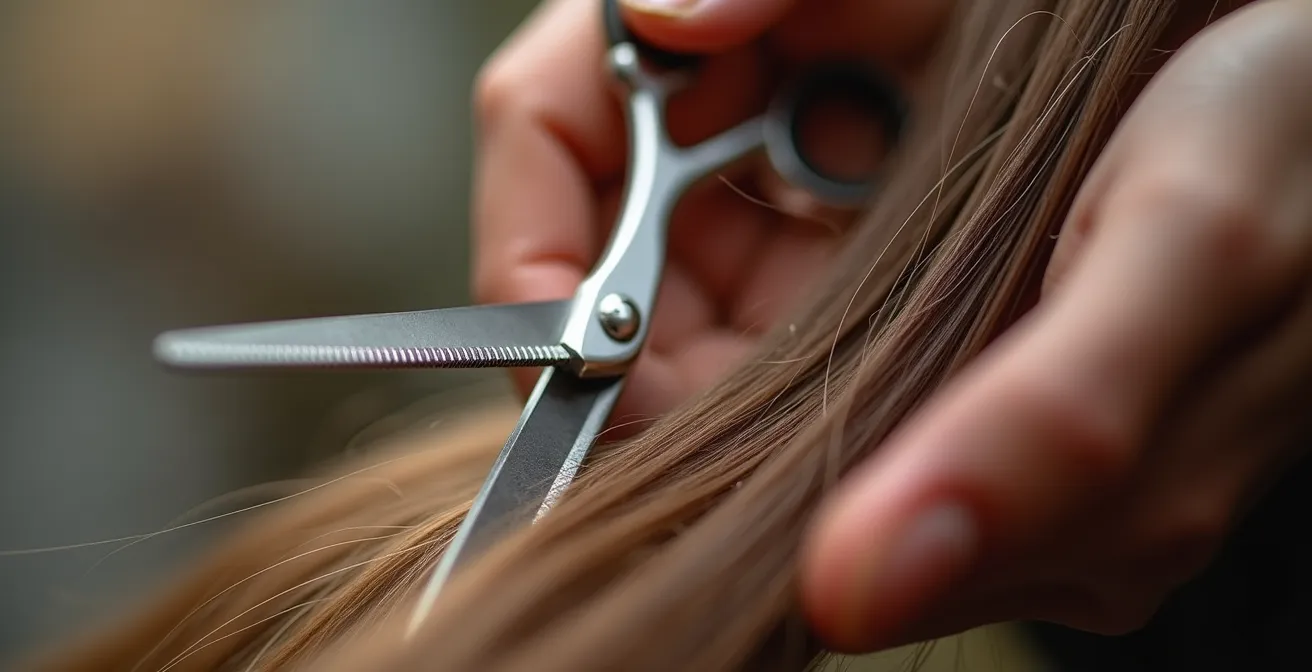 Gros plan sur des ciseaux effectuant la technique du point cutting sur une frange