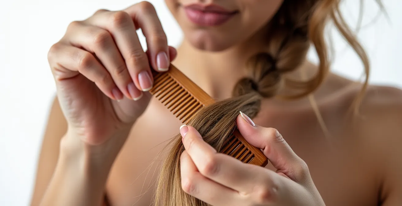 Démonstration de la technique de démêlage des pointes vers les racines sur une mèche de cheveux