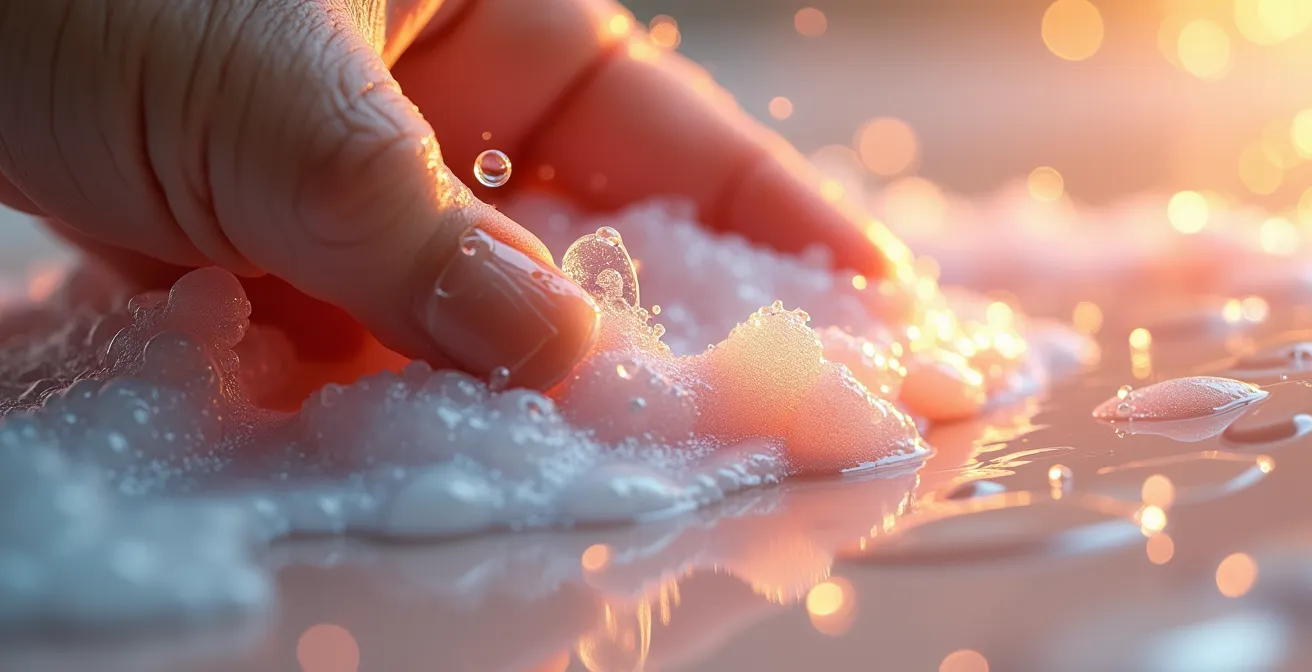 Mains créant une émulsion mousseuse dans les cheveux pour uniformiser le pigment