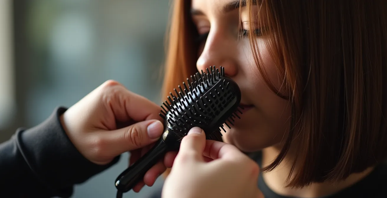 Mains de coiffeuse utilisant une brosse ronde céramique sur les mèches avant d'un carré plongeant