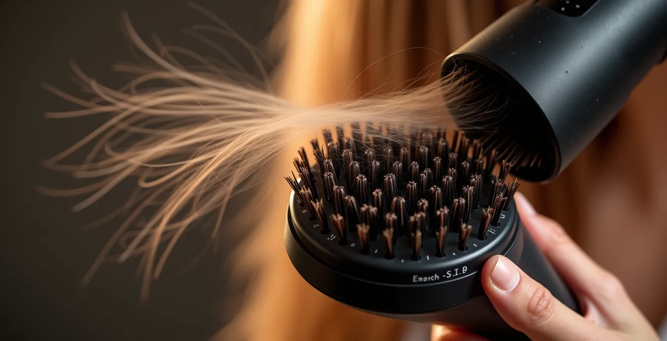 Gros plan sur l'angle de 90 degrés entre le bec concentrateur et la brosse ronde pendant le séchage