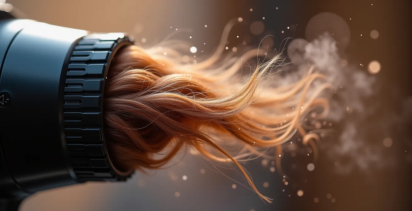 Technique professionnelle de séchage avec brosse plate montrant la texture lisse des cheveux