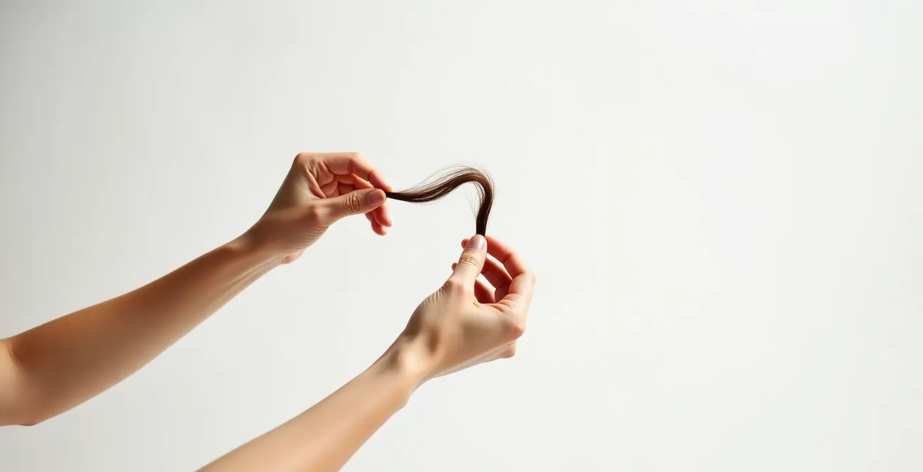 Mains délicates testant l'élasticité d'un cheveu fin sur fond neutre