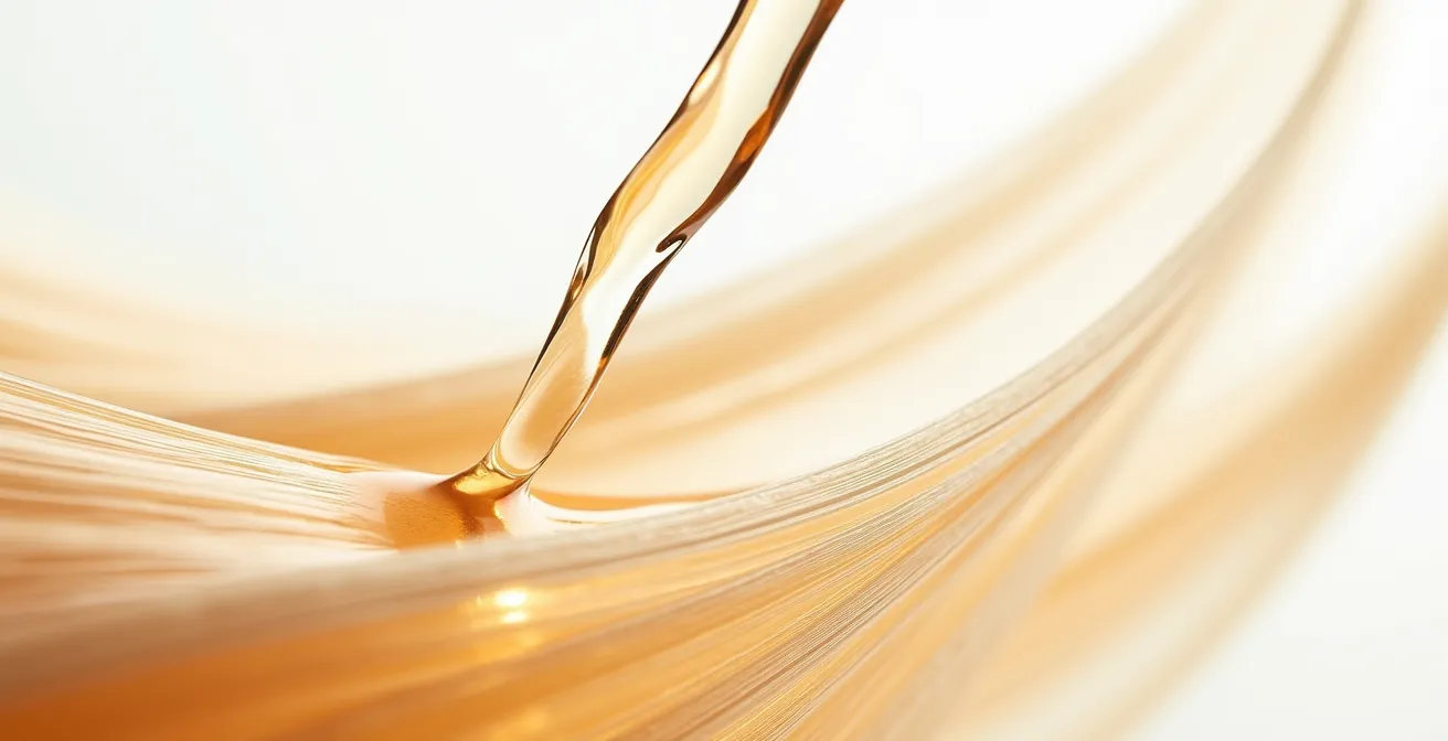 Texture fluide transparente coulant sur des mèches de cheveux fins en macro