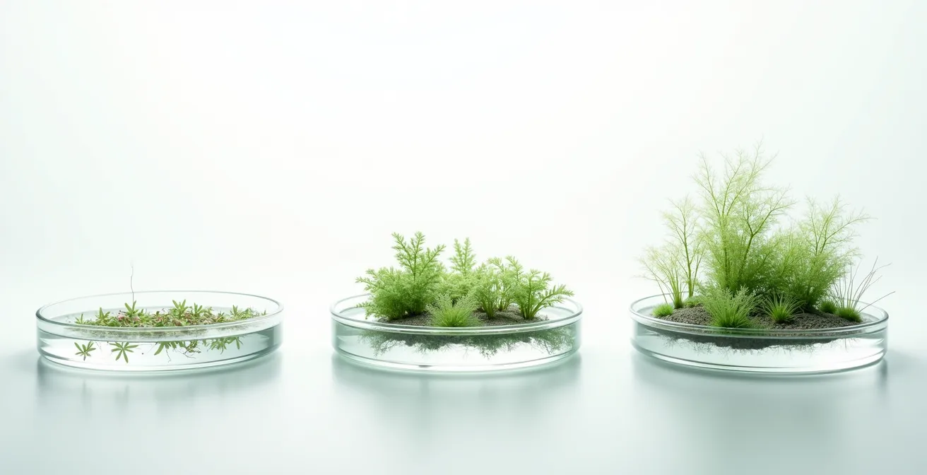 Chronologie visuelle montrant la reconstruction du microbiome du cuir chevelu sur trois mois, de la récupération à un écosystème florissant.