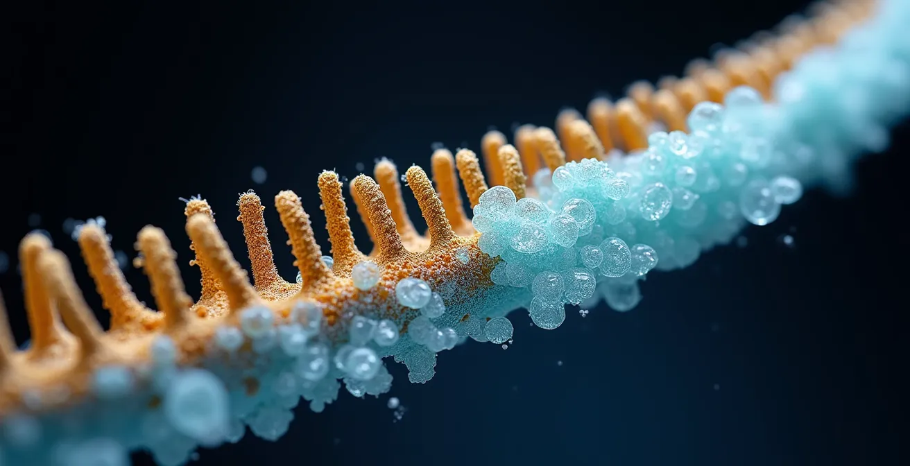 Vue macro de la structure moléculaire du cheveu avant et après défrisage montrant la transformation des ponts disulfures