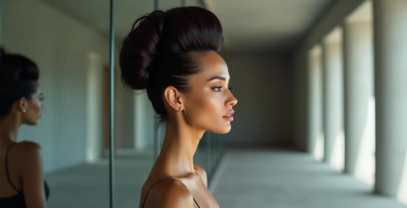 Femme au visage rond avec coiffure volumineuse sur le dessus créant un effet d'allongement vertical