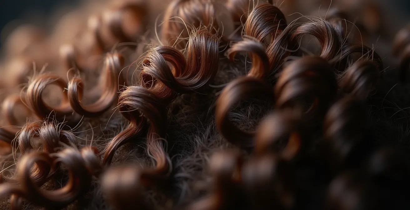 Gros plan technique montrant la répartition du volume dans une chevelure bouclée