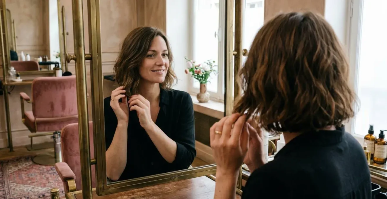 Femme satisfaite observant sa nouvelle coupe dans le miroir d'un salon élégant