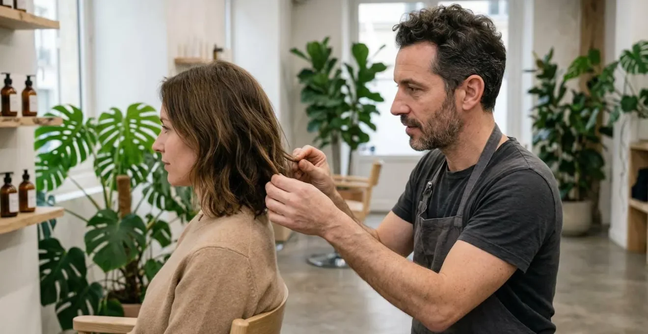 Coiffeur expert examinant la texture des cheveux lors d'un diagnostic capillaire